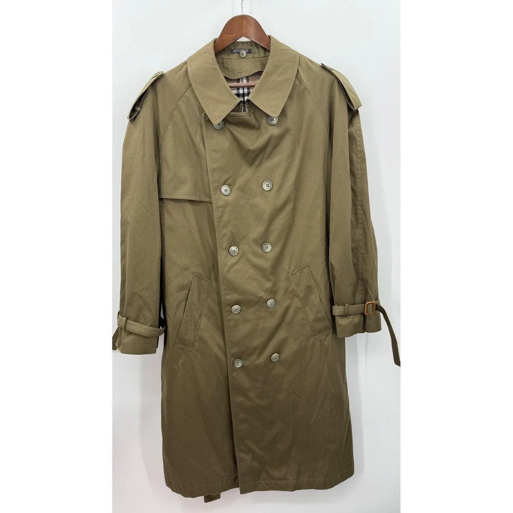 Vintage Olive Green Trench Coat Plaid Lined Sz Mens 42 L Heritage Prep Military